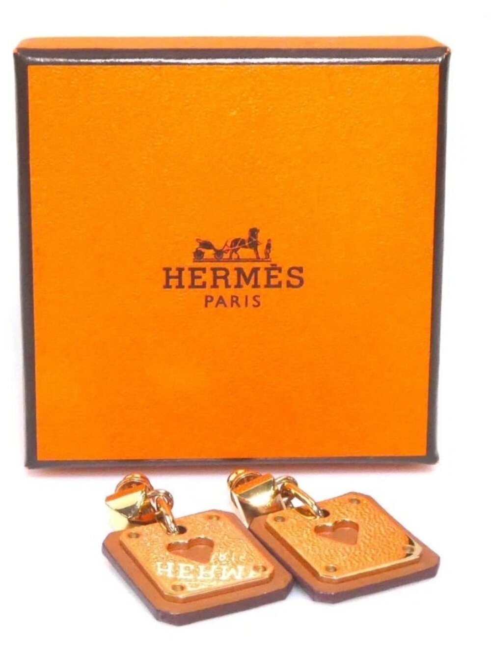 Auth HERMES As de Coeur Pierce Earrings Pink Gold/Brown Metal/Leather - e60607g - Picture 10 of 10